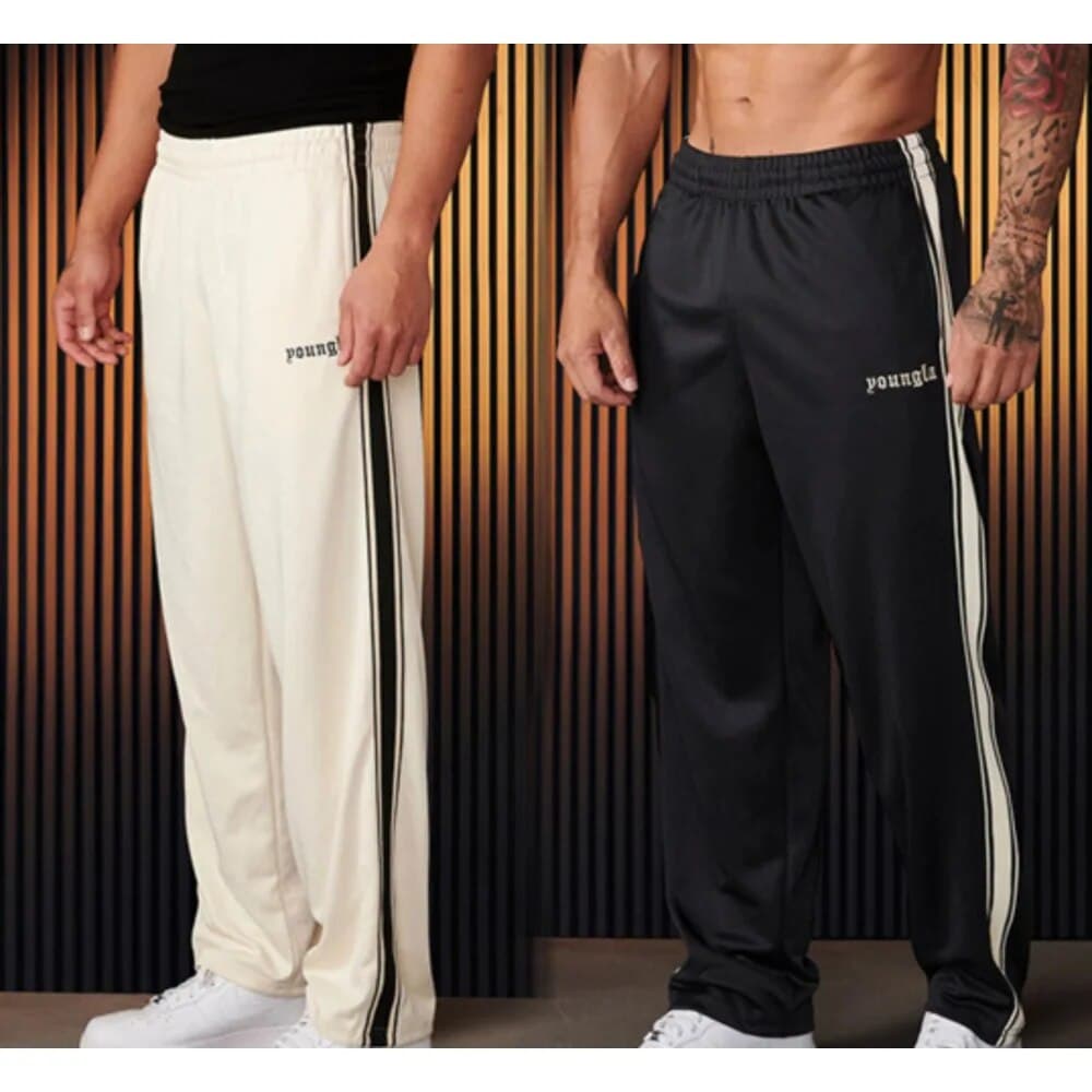 men's sports pants Black white ribbon splicing casual striped embroidered street fitness youth straight leg