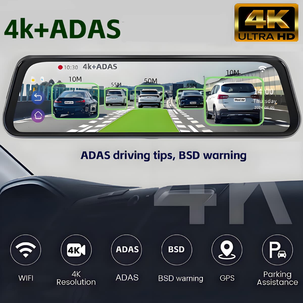 10inch Full Screen HD 4K Rearview Mirror Streaming Media Driving Recorder Dual Lens With Reversing Image And WIFI