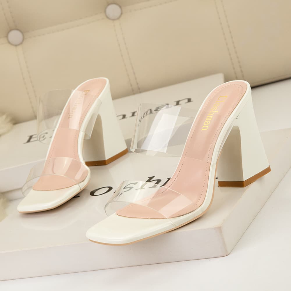 Women's Pumps style simple sexy banquet strappy women's sandals square toe transparent thick heel open toe high heel slippers