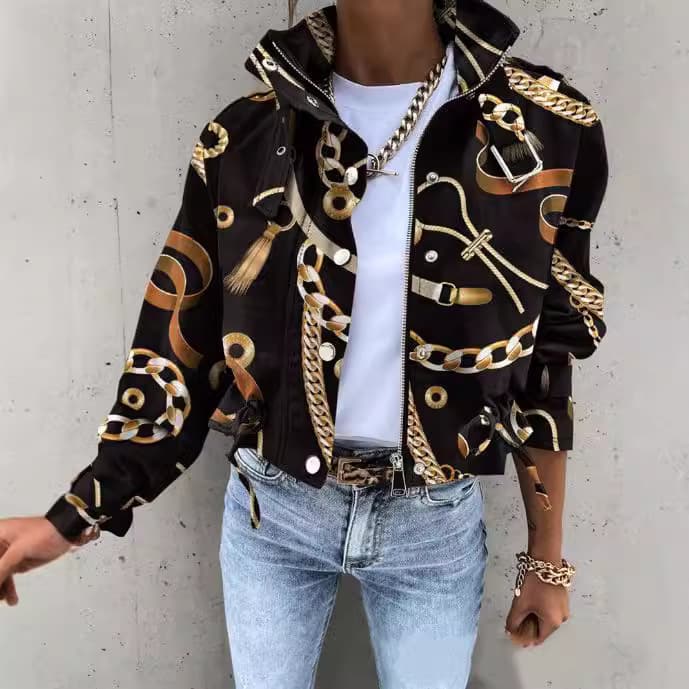 Veste zippée imprimée pour femme – Manteau léger avec poches pour l'automne et l'hiver, vêtement d'extérieur tendance pour un style décontracté.