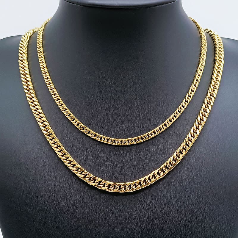 Stainless Gold Weave Double Buckle Four-Sided Polished Necklace Titanium Steel Thick Wide Cuban Chain Men's Accessories