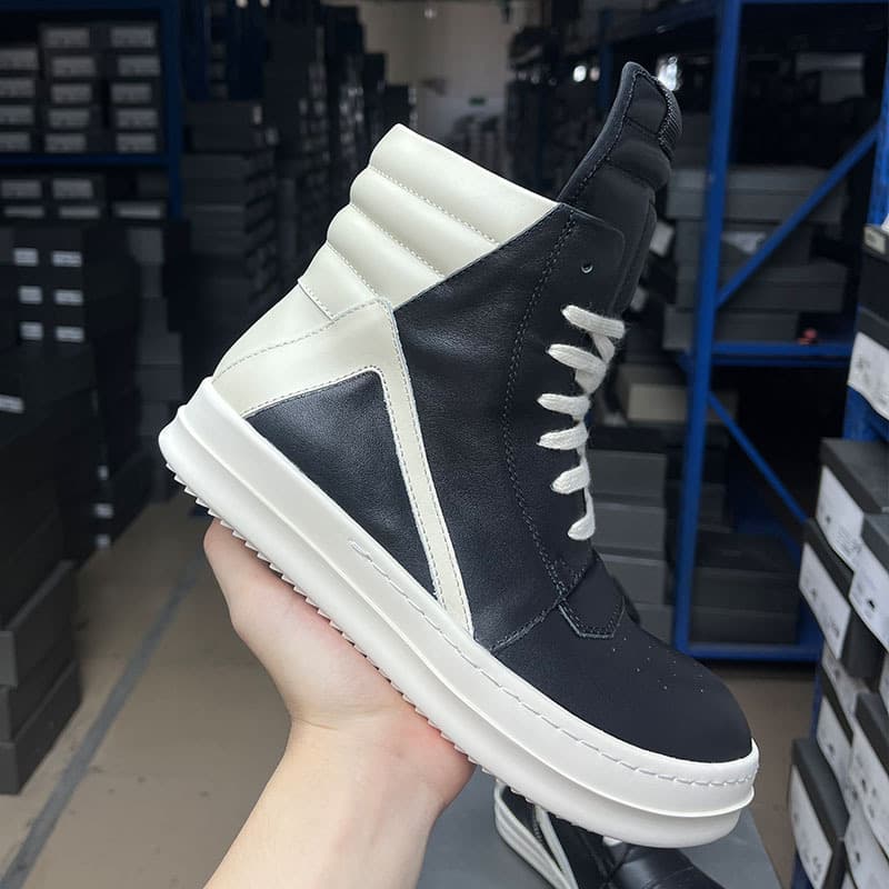 Men's High Top Shoes, European Style, Thick Soled Cowhide, Dark RO Black And White Casual Sneakers, Women's Trendy Rubber Sole, Streetwear Brand.