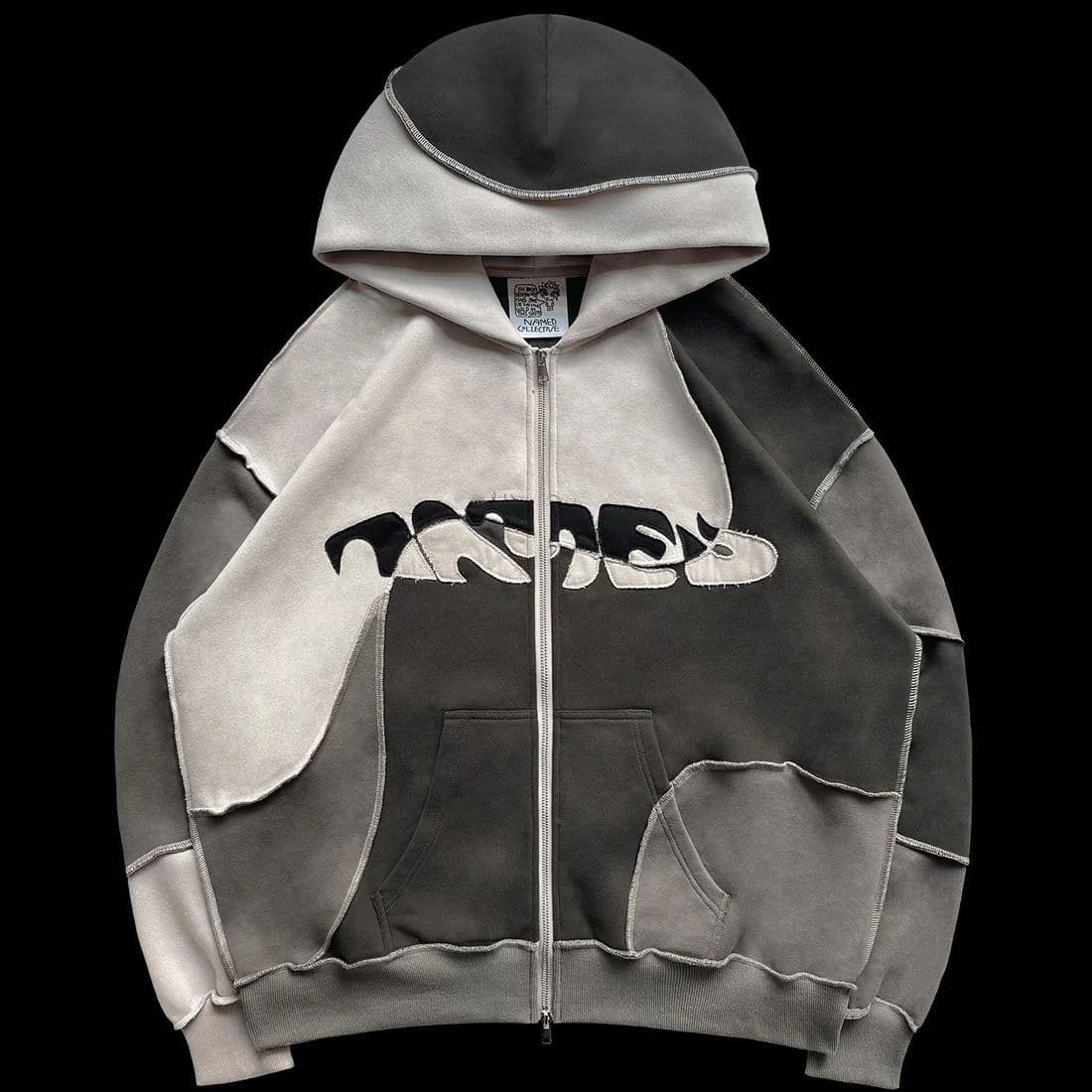 Street Style Men's Women's Patchwork Color Contrast Zippered Hoodie With Open Thread Design, Loose Fitting Jacket And