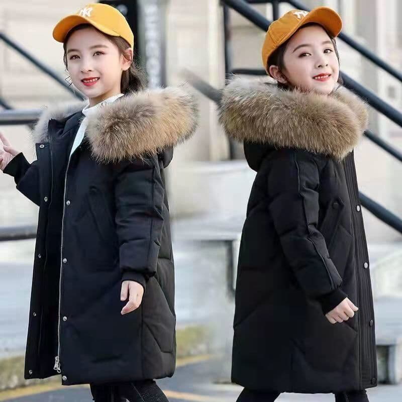 Korean-Style Faux Down Coat For Girls – Winter Long Puffer Jacket With Faux Fur Hood (130-170cm, Black/Watermelon Red/Red)