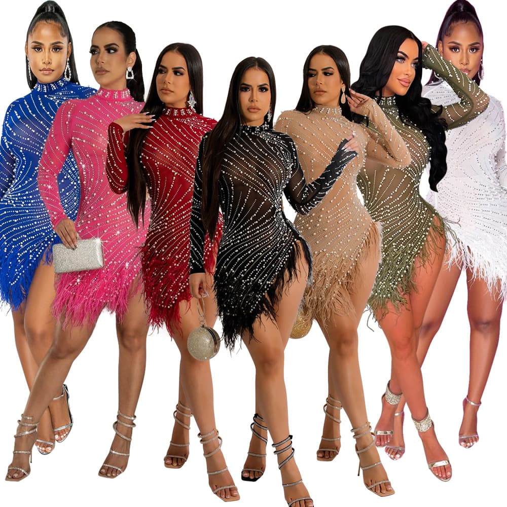 Women's Clothing Sexy Mesh Hot Diamond Bubble Bead Feather Dress