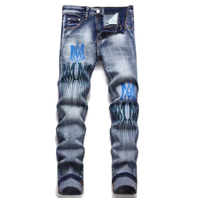 Jean homme de créateur, style motard, déchiré et usé, coupe slim, pantalon en denim.