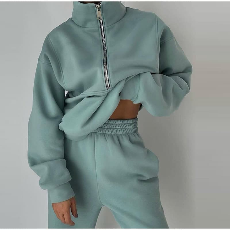 Women's Clothing Fashion Street Trend, Casual Sports, Zipper, Fleece Sweatshirt And Sweatpants Two Piece Set