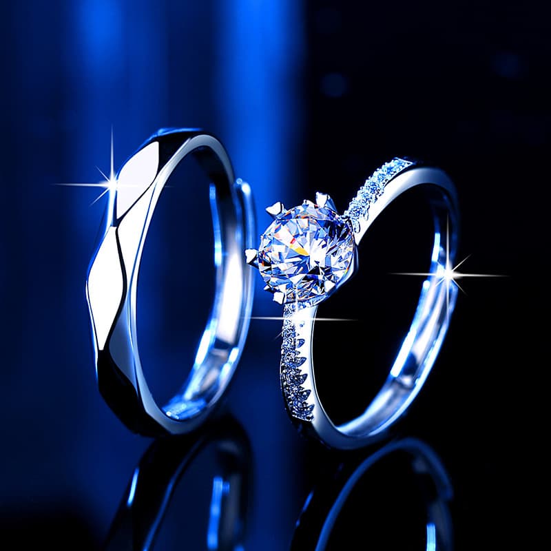 Classic Pure Silver Couple High Grade Mosang Stone Men's and Women's Simulated Diamond Ring, Instagram Ring