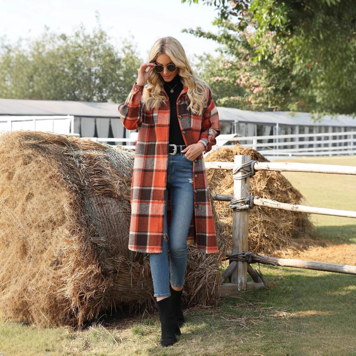 Women's Clothing ​​European-Style Trench Coat – Oversized Plaid Wool Blend Coat With Side Slits & Notched Collar​​