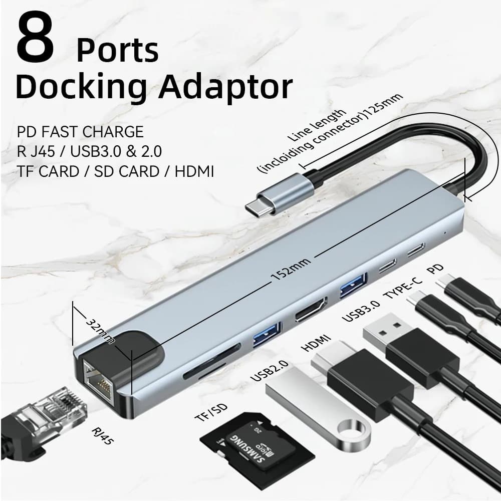 Type-C HUB With 4K HDMI 100W PD Port 3.0 RJ45 Ethernet SD/TF Card Reader Docking Station 4/5/6/8 Ports USB C Adapter