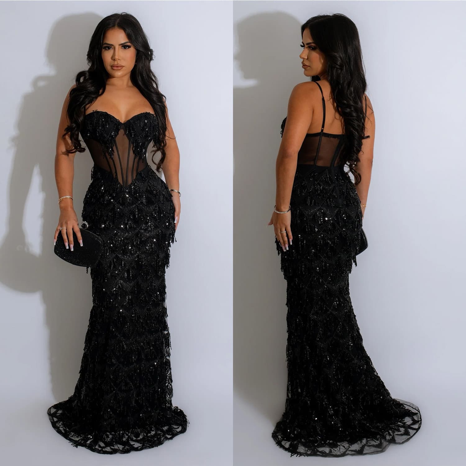 Women's Solid Color Sequin Sexy Suspender Long Skirt Dress