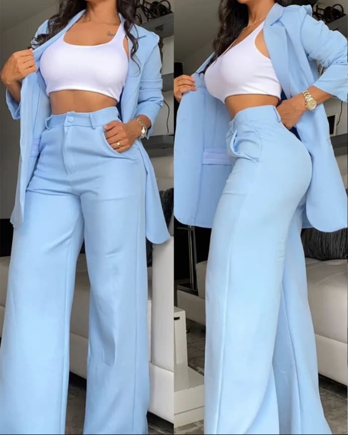 Women's lapel suit with pocket straight trouser suit
