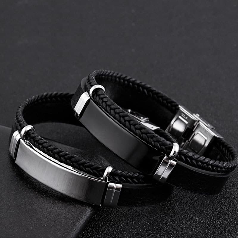Men's Hip Hop Punk Style Twist Woven Double Leather Bracelet Titanium Steel Bracelet