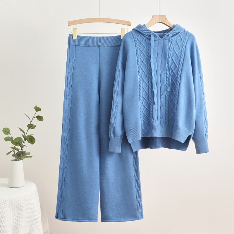 Women's Clothing knitted hooded drawstring threaded sweatshirt wide leg pants two piece suit fashionable temperament casual suit