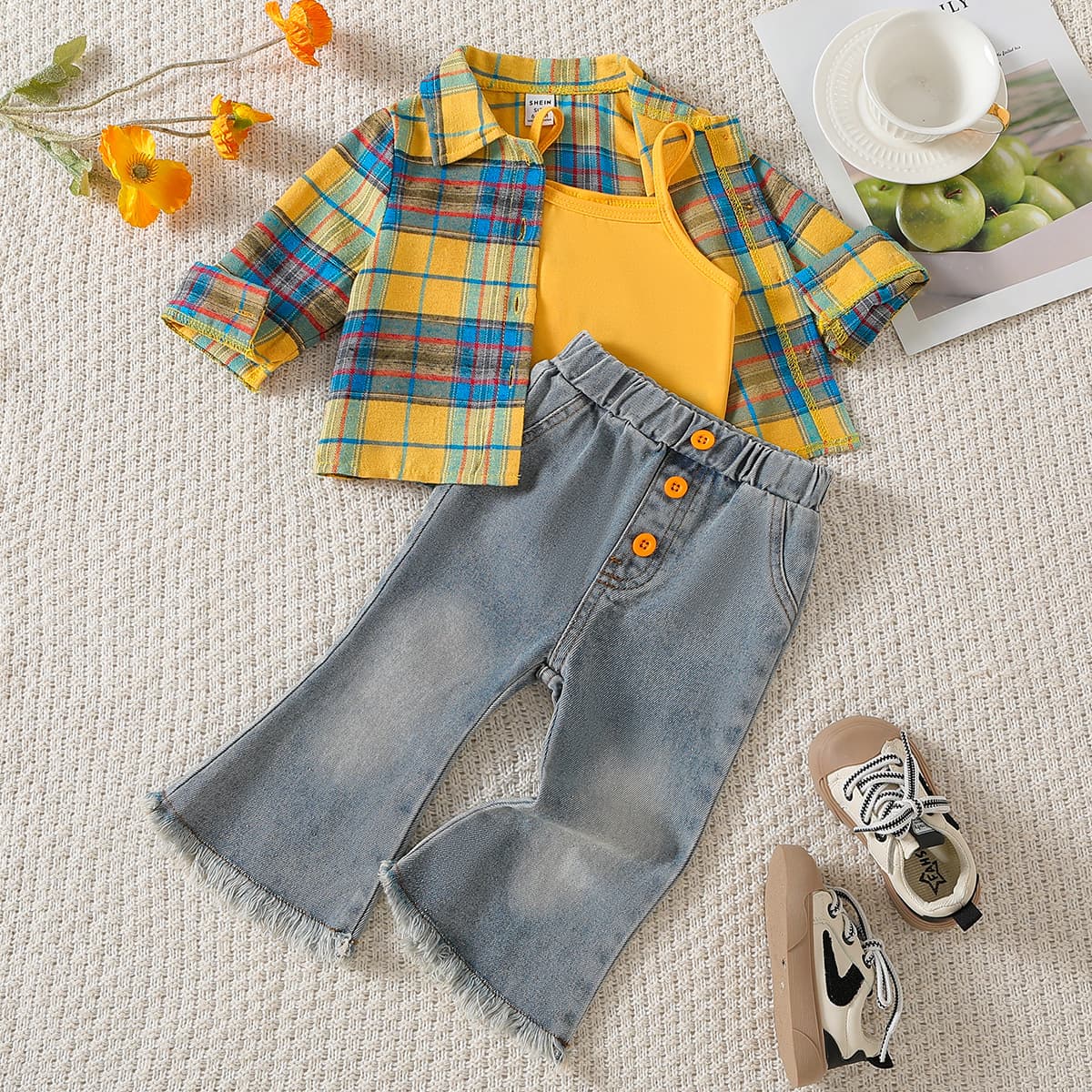 Mother & Kids Fashionable Kids' 3-Piece Yellow Checkered Shirt With Denim Overalls Set - Stylish & Comfortable Outfit For Girls (4Y-7Y, 6-24M, 2-3Y)