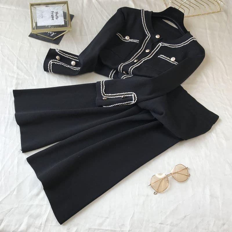 Women's fashionable round neck knitted cardigan top wide leg pants two-piece set