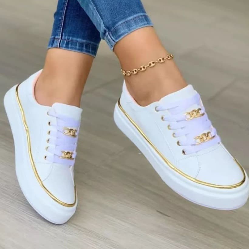 Women's Thick Bottom Chain Sports Style Casual Shoes Low Top Leather Lace-Up Single Shoes Black Artificial PU