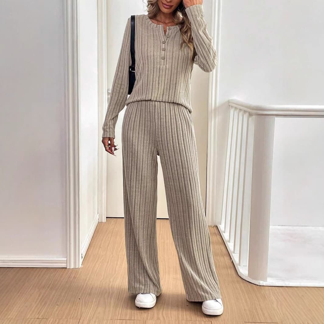 Women's Clothing Fashion Casual Straight Pants Temperament Loose Button Pit Striped Knitted Suit