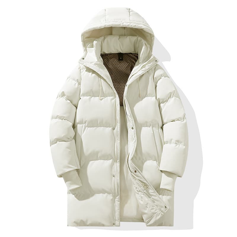 Men’s Long Puffer Coat – Streetwear Hooded Parka | Oversized Fit | 500g Polyester Fill | Unisex Winter Essential (S-3XL) In Black/Cream