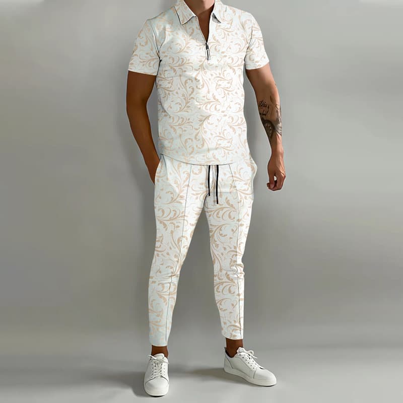 Fashion printed polo shirt zipper men's short-sleeved trousers casual suit