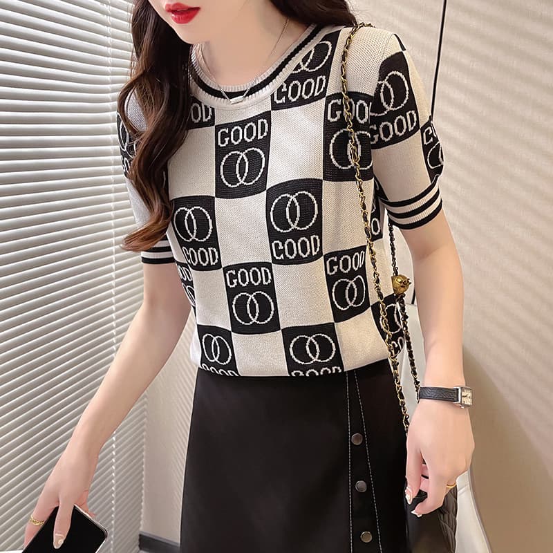 Women's Clothing Color Matching Ice Silk Sweater New Fashion Round Neck Pullover Top Stylish Bottoming Shirt