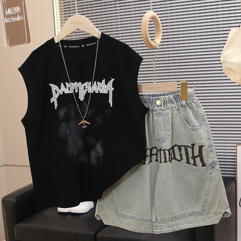 Mother & Kids Boys Summer Clothing Trendy Brand Denim Suit 2025 New Children's Summer Sleeveless Vest Two Piece Suit Loose And Cool