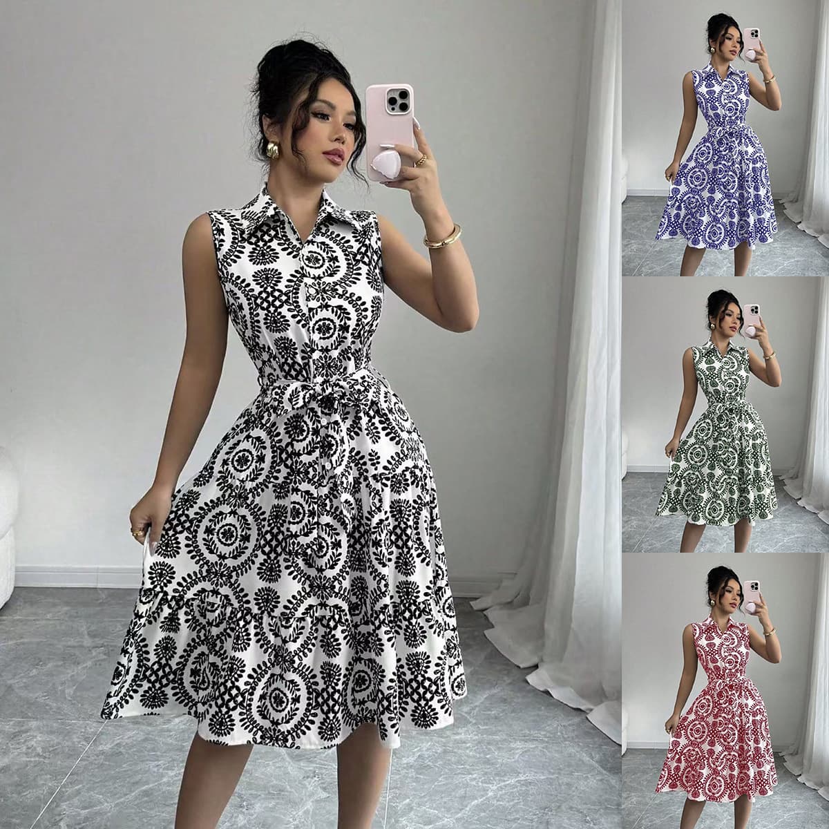 Women's Clothing Summer New Fashion Print Sleeveless Tie Waist Dress