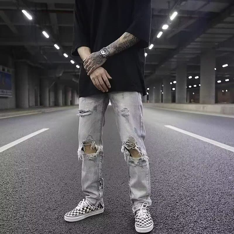 Suitable For All Seasons High Ripped Jeans Loose Trendy Street Casual Distressed Washed Vintage Cut Pants For Men