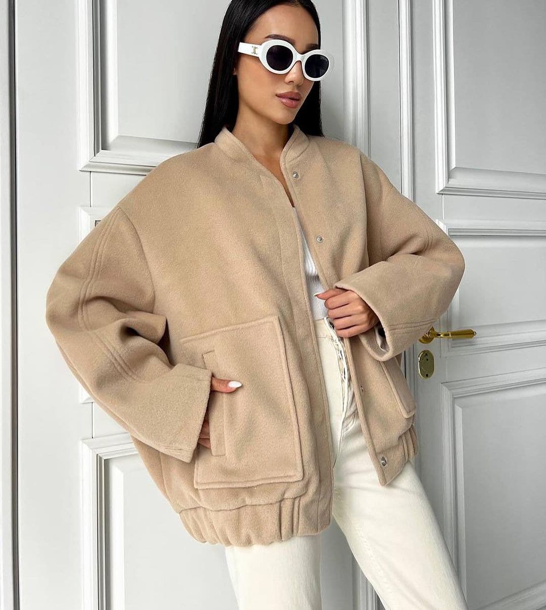 Women's fashion stand collar big pocket solid color women's coat