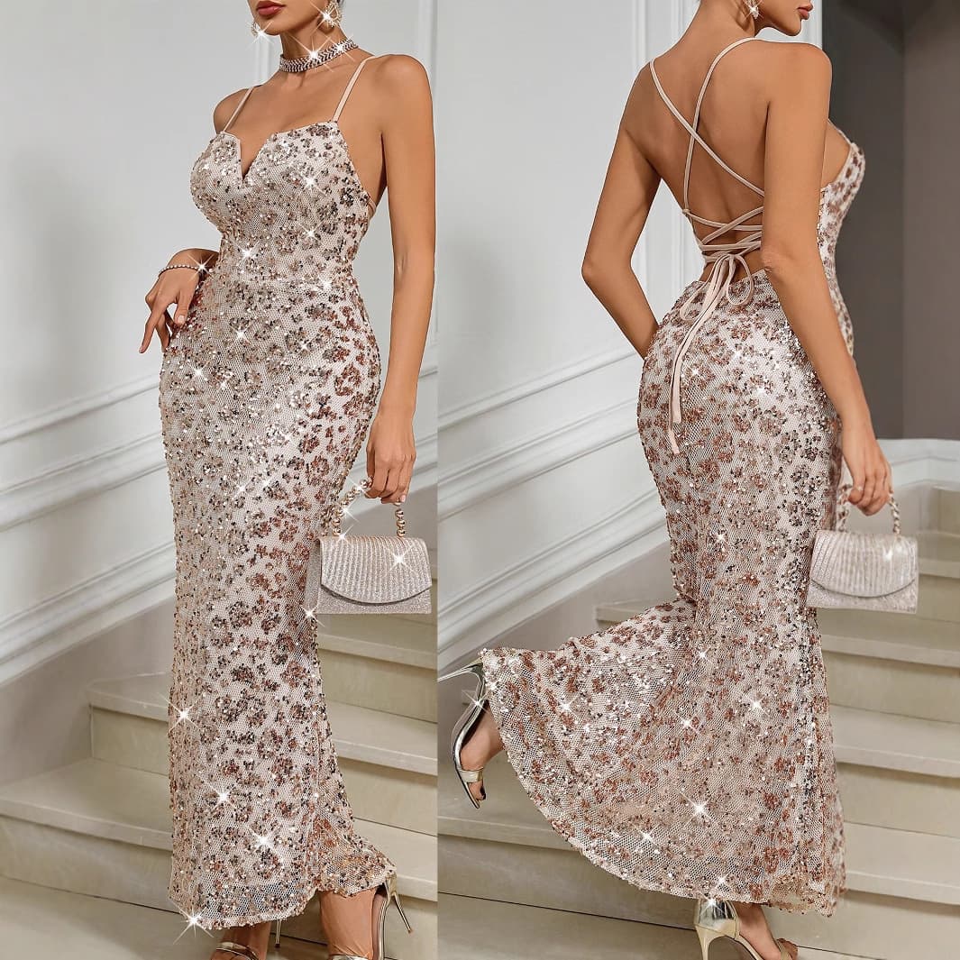 Women's Clothing Evening Dress Sexy Sequined Suspender Dress 2025 New