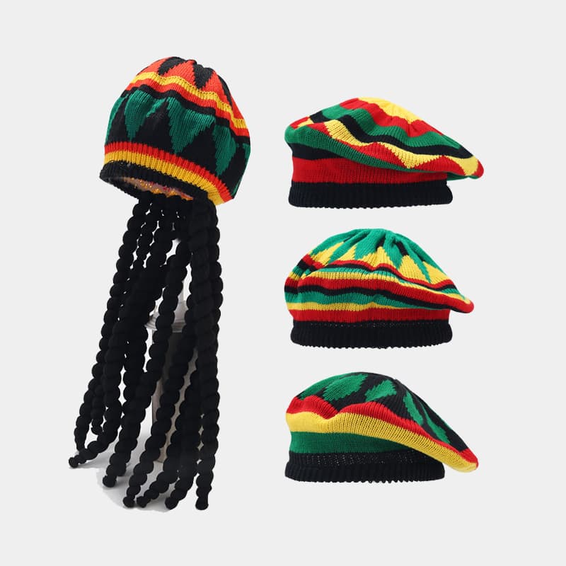 Jamaican wig, braided hat, children's yellow green patchwork beret, men's Halloween knitted hat with yarn