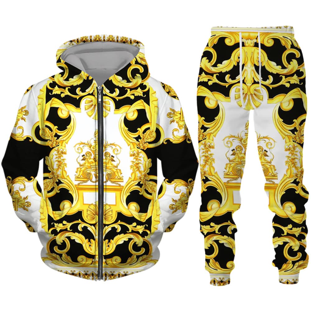 New Luxury 3D Printed Couple Zipper Guards 2-piece Sports Set with Fashionable Gold Flower Pattern