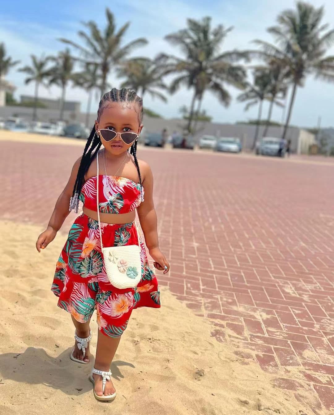 Mother&Kids Girls' casual printed one-line shoulder flanged A-line skirt set ins