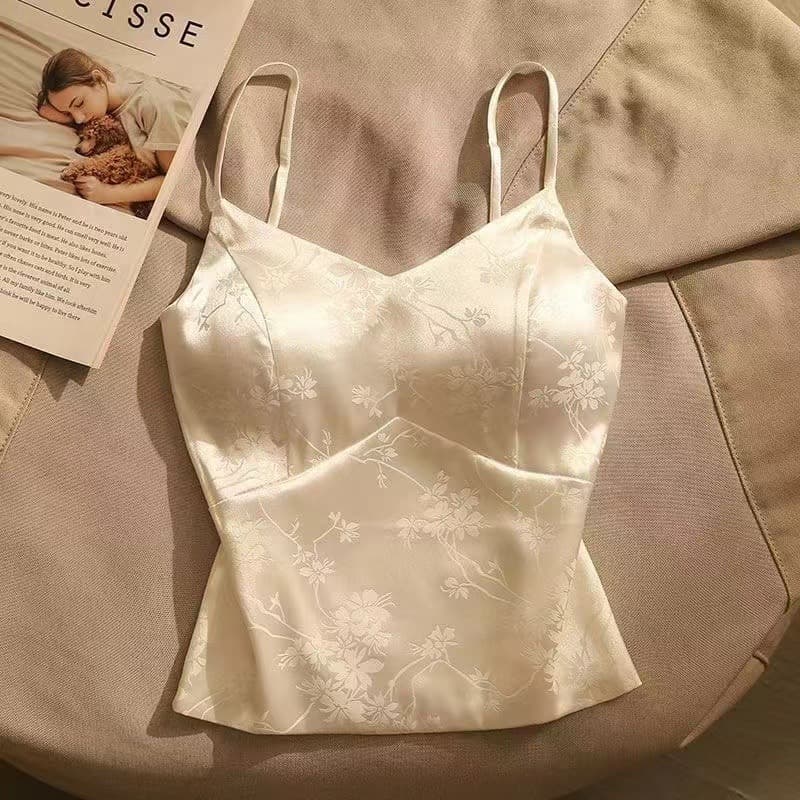 Women’s Clothing French Jacquard Satin Camisole For Women With Chest Pad Embroidered Vest Versatile Outerwear Niche Short Base