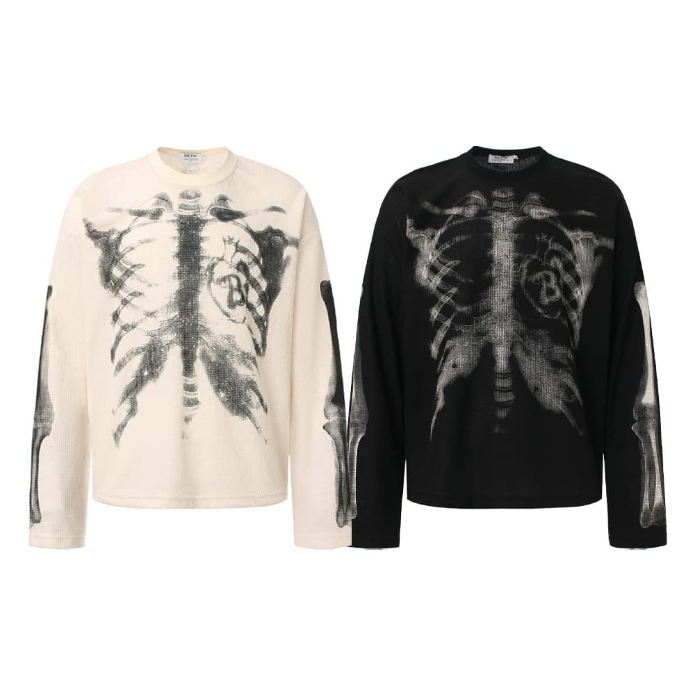 Retro Streetwear Waffle Knit T-Shirt – Oversized Abstract Print Tee For Men & Women (Black/Beige)​