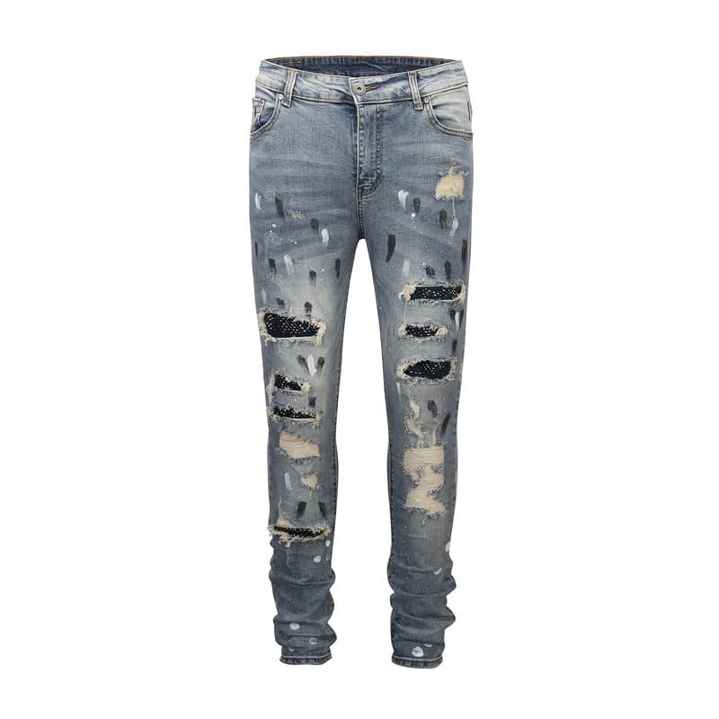 Men's Clothing High Street Diamond Splash Ink Wash Hole Patch Patchwork Hot Diamond Jeans Beggar Pants