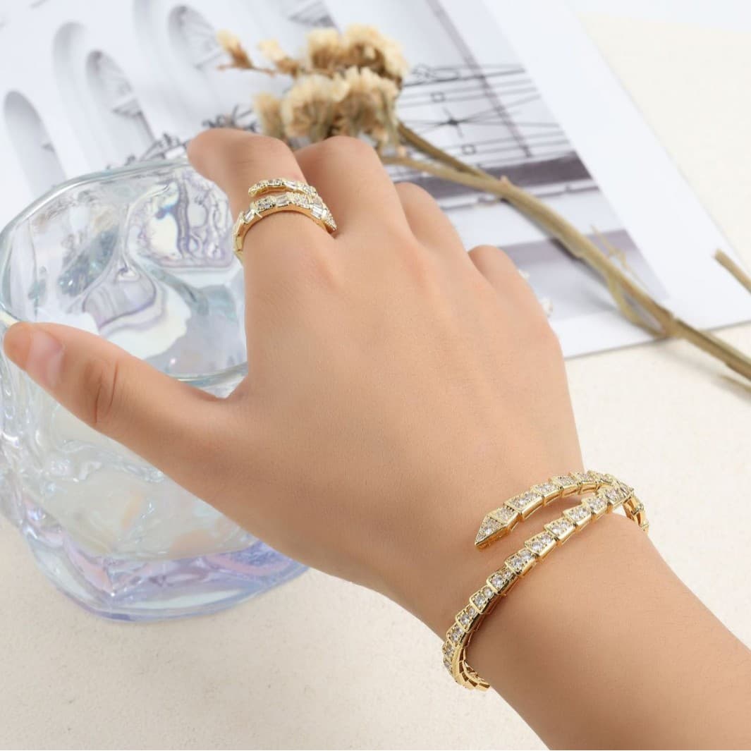 Women's Jewelry Elegant Snake Bone Bracelet And Spring Ring Set Light Luxury Zirconia Stackable Jewelry For Women Ring Hand Jewelry