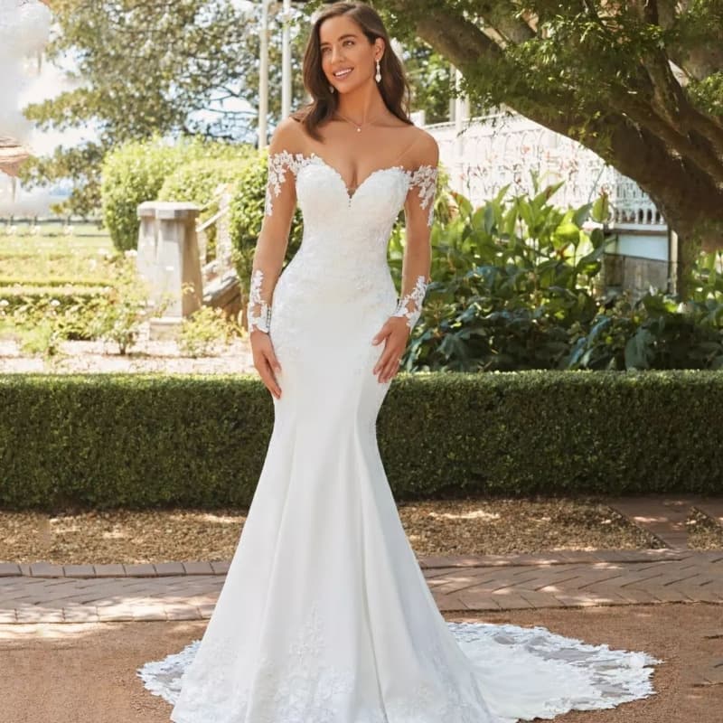 Women's Clothing Fishtail wedding dress new bride one shoulder long sleeve lace slim simple trailing palace retro