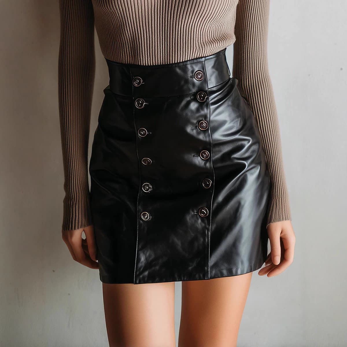 ​Double-Breasted PU Leather Pencil Skirt – Bodycon Mini Skirt For Night Out & Office Chic (Black, S-XXL)​