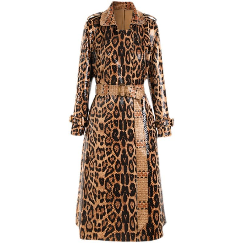 Women's Clothing Spot Spring and Autumn Snakeskin Leopard Print Long Windbreaker Goddess Long Sleeve Leather Top Jacket Women's Coat Skirt