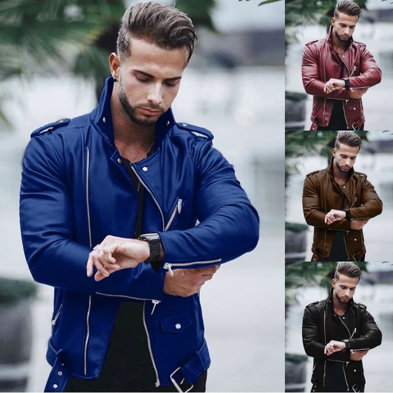 Men's autumn and winter new leather jacket with fashionable lapel zipper motorcycle leather jacket