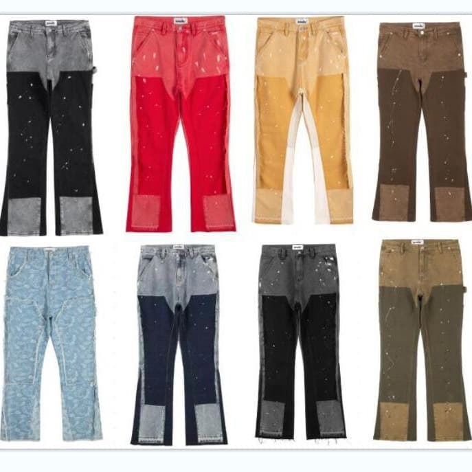 Men's Clothing high street retro washed loose wide leg slightly flared multi color stitching gray washed jeans