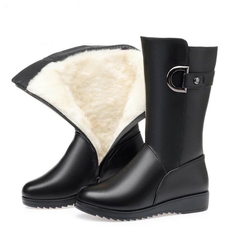 Mother's Cotton Shoes Women's Winter Flat Non-Slip Leather Shoes Women's Fleece-Lined Warm Boots Women's Middle-Aged Women's Cotton Boots