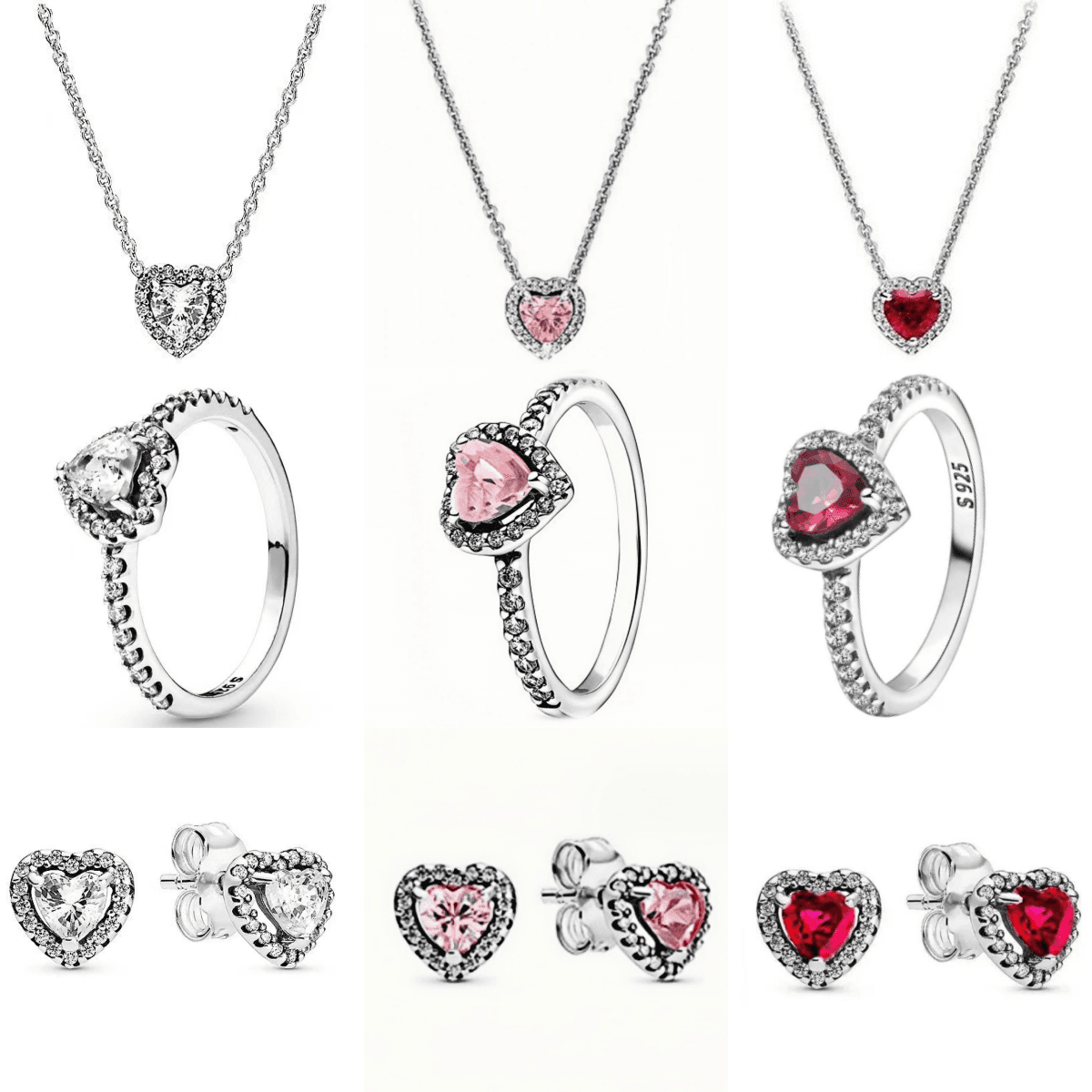 Heart-Shaped Pink Stud Earrings Silver-Plated Diamond Ring Shining Heart Niche Necklace Ins Gift