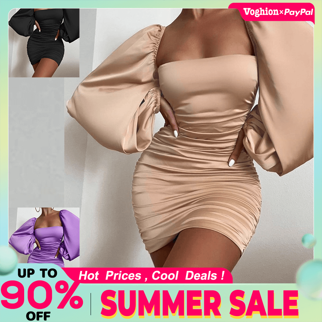 Women's Sexy Square Neck Open Back Fold Wrapped Arm Lantern Long Sleeve Solid Satin Short Skirt