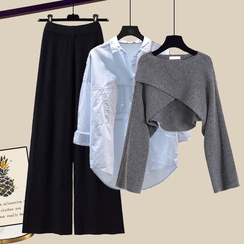 ​​Stylish Plus-Size Knit Sweater & Wide-Leg Pants 3-Piece Set – Flowy Shirt & Comfortable Trousers For Women​​