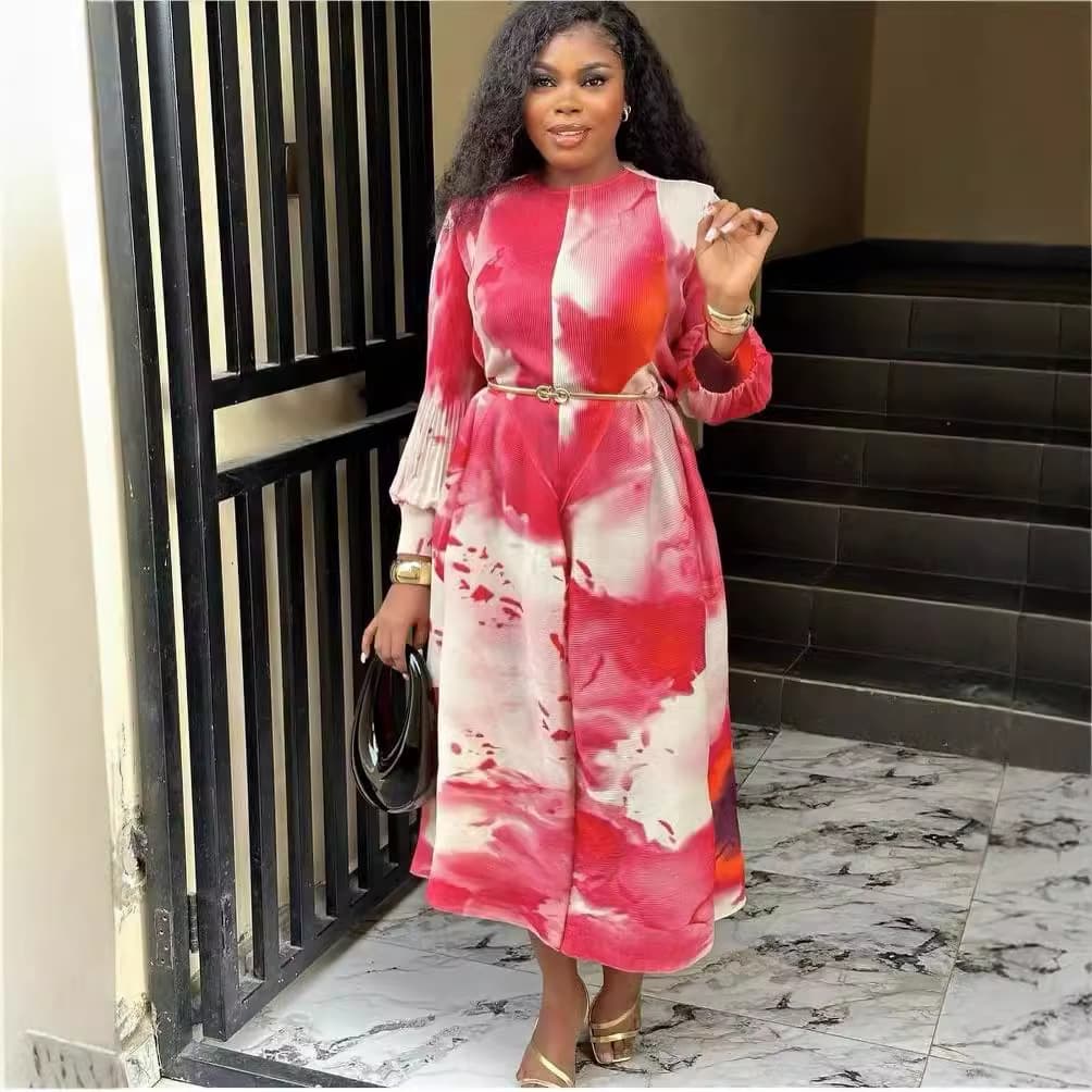 Women's Clothing Print Round Neck Long Sleeve Large Size Waist Dress