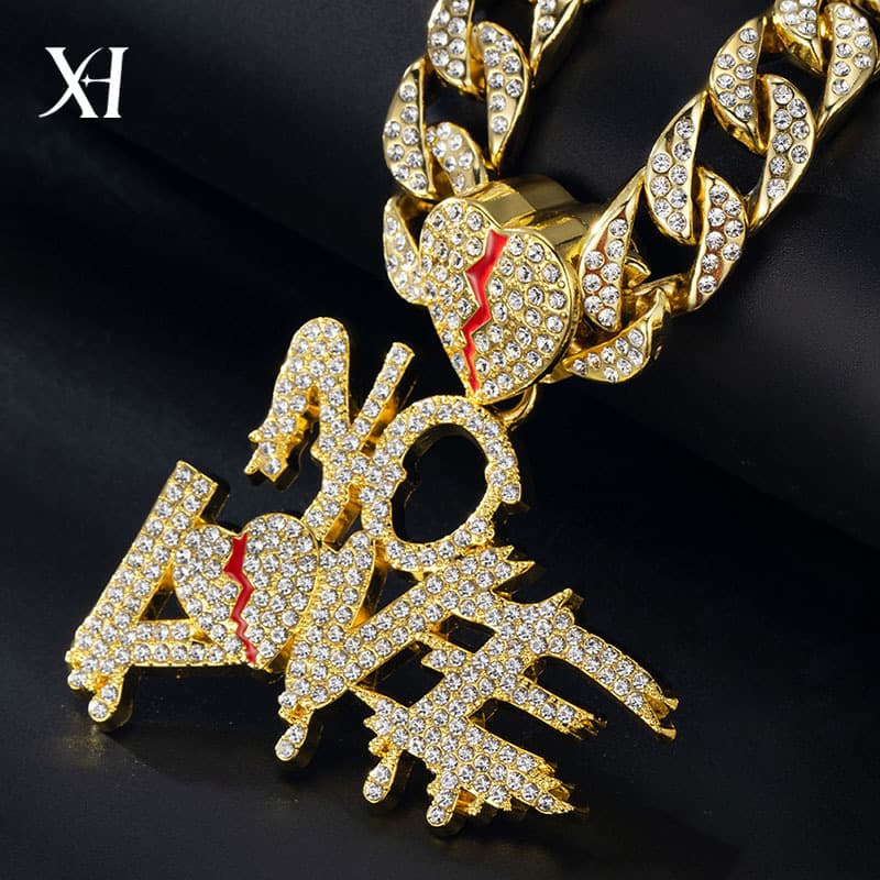 New Full Diamond Cuban Chain Splicing Letter Love Pendant Hip-hop Street Culture Trendy Men's Necklace