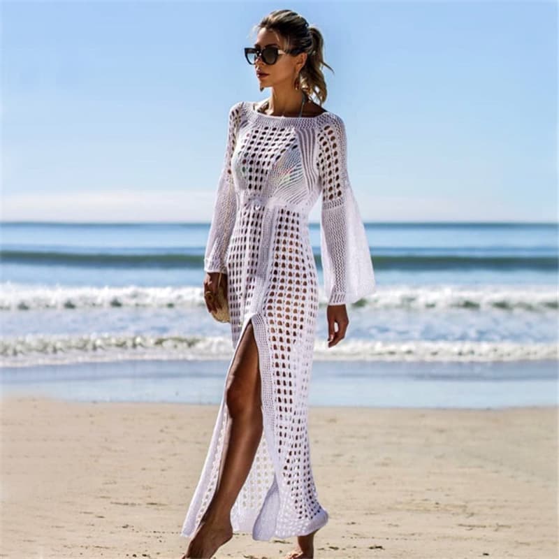 Women's Clothing Sexy Hollow Knitted Beach Sexy Lace Knit Beach Cover Up Dress Long Sleeve Side Slit Sun Dress Swimwear Sheer Cover Up For Women