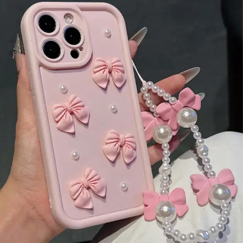 New 3D Pearl Pink Bow Phone Case On For Iphone 16 16E 15 14 13 12 11 Pro MAX XS Max XR 7 8 Plus With Bracelet Wrist